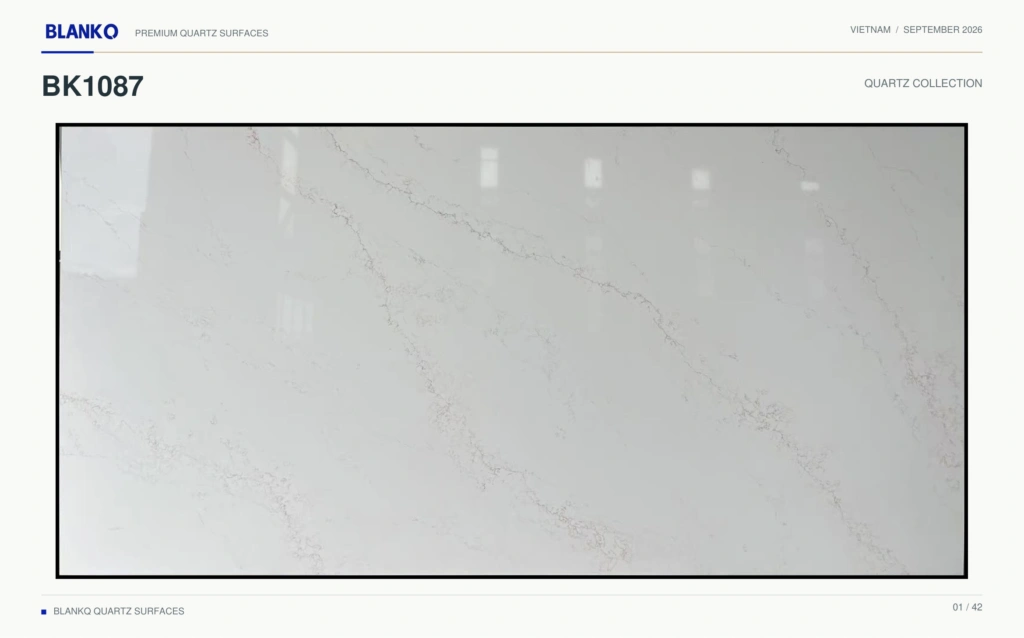 BK1087 full quartz slab with a white background and subtle warm beige veining