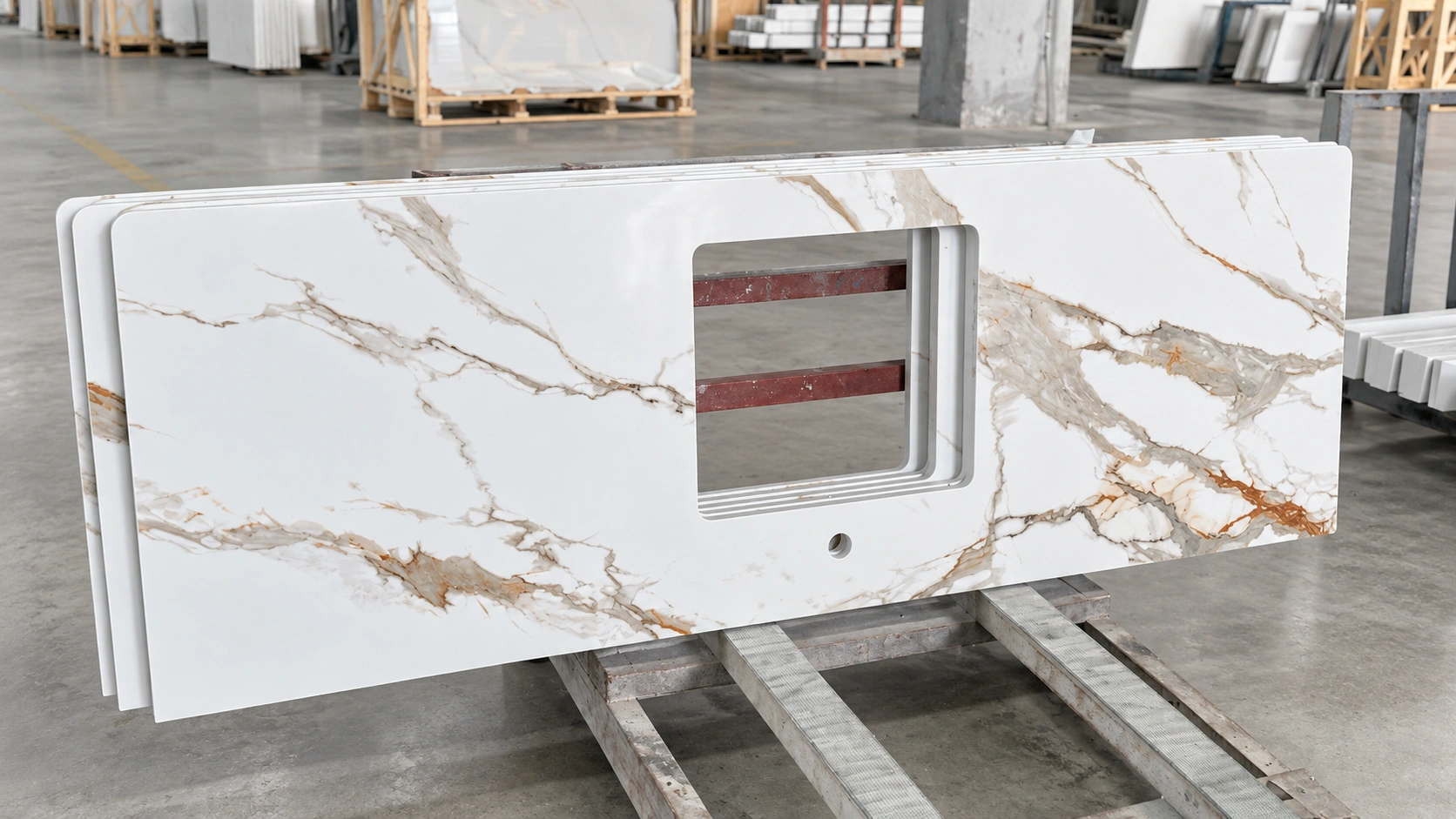Custom cut-to-size quartz countertop with sink cutout fabricated in Vietnam