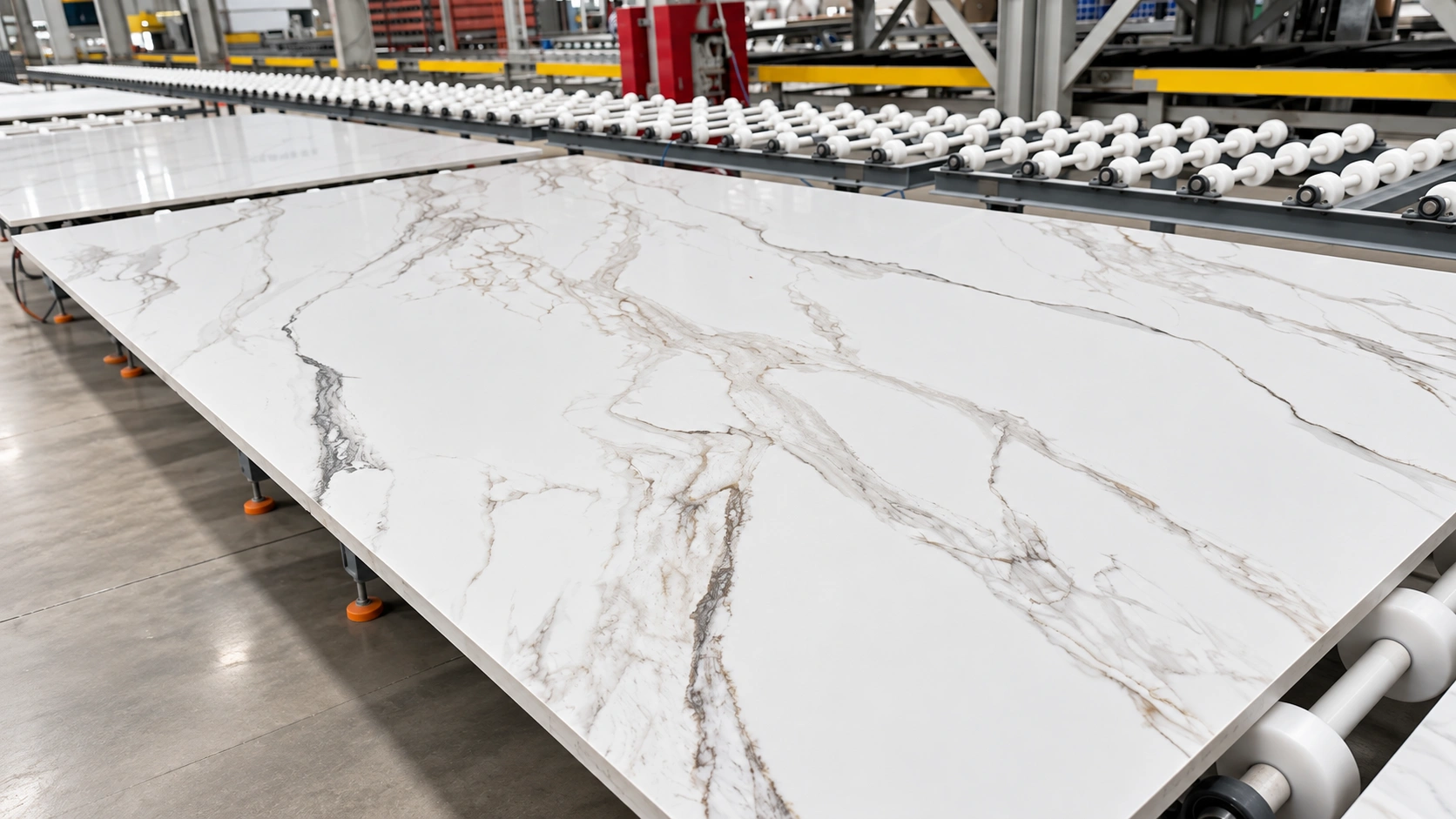 Engineered quartz slab moving through the production line at a Vietnam factory