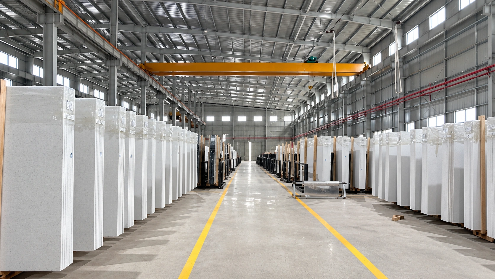 Engineered quartz slabs stored at Blanko Surfaces Vietnam factory