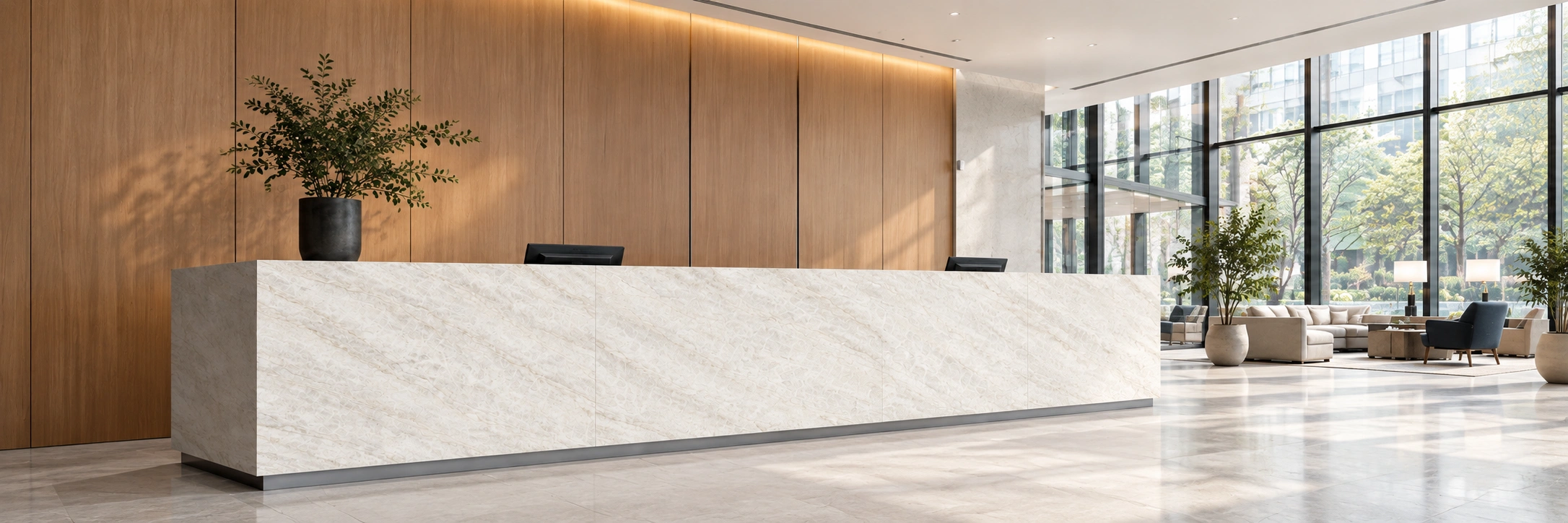 Modern commercial reception desk finished with light quartz surface