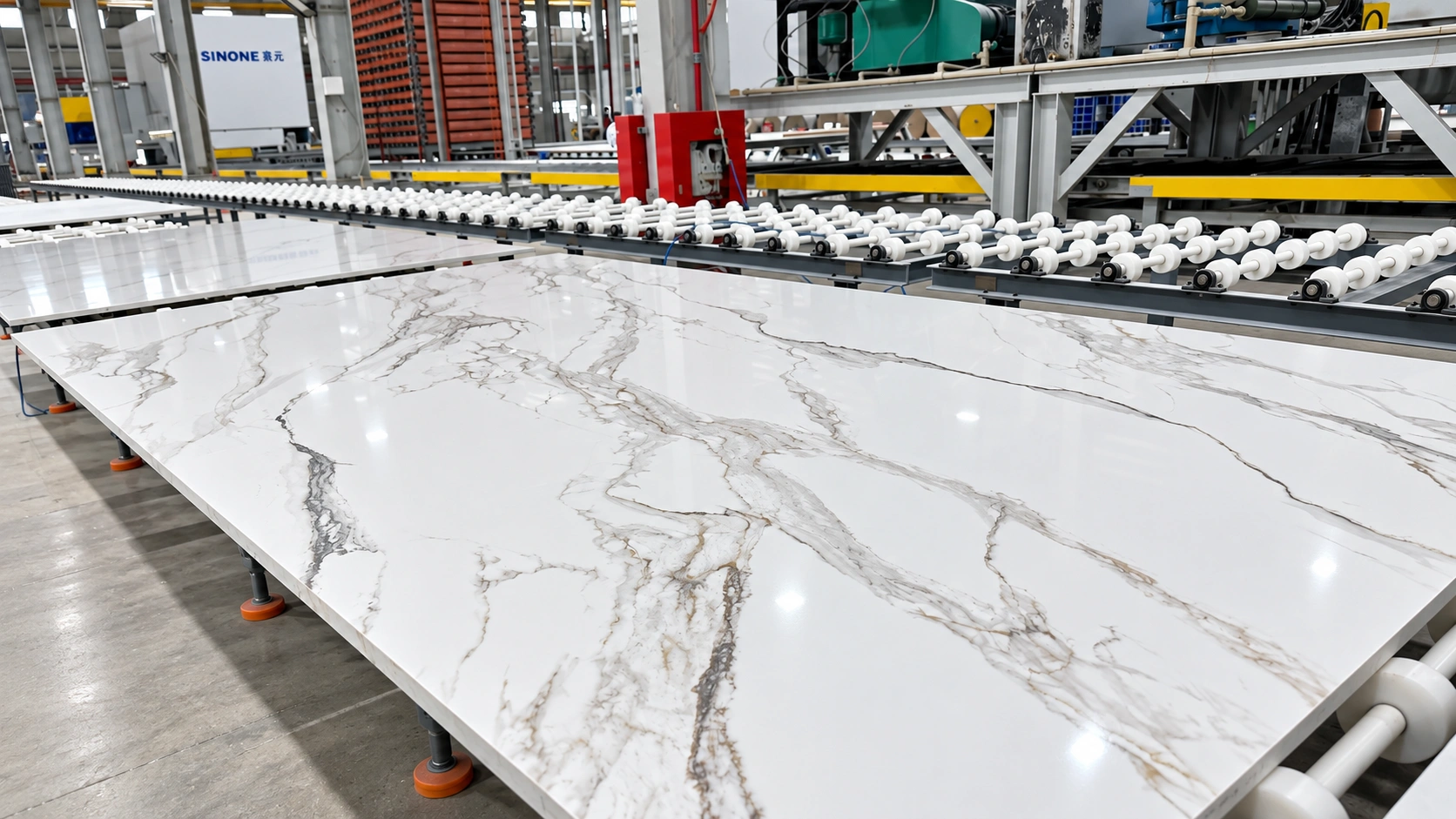 Engineered quartz slab moving through the surface production line in Vietnam