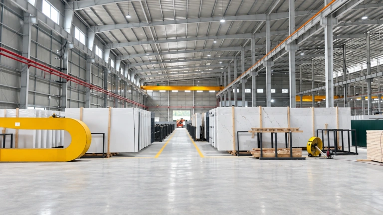 Engineered quartz slabs stored at Blanko Surfaces Vietnam manufacturing facility
