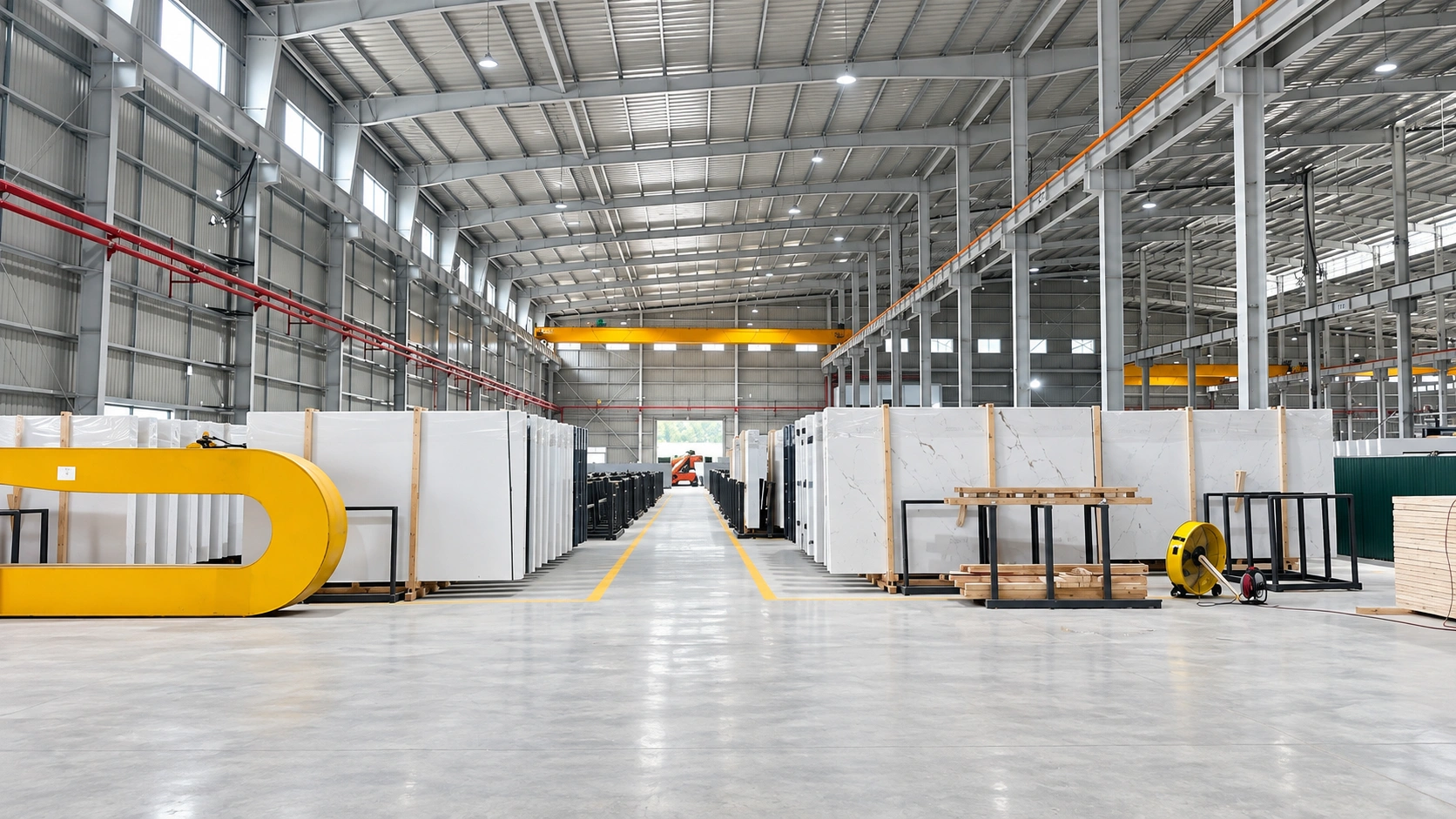 Engineered quartz slabs stored at Blanko Surfaces Vietnam manufacturing facility