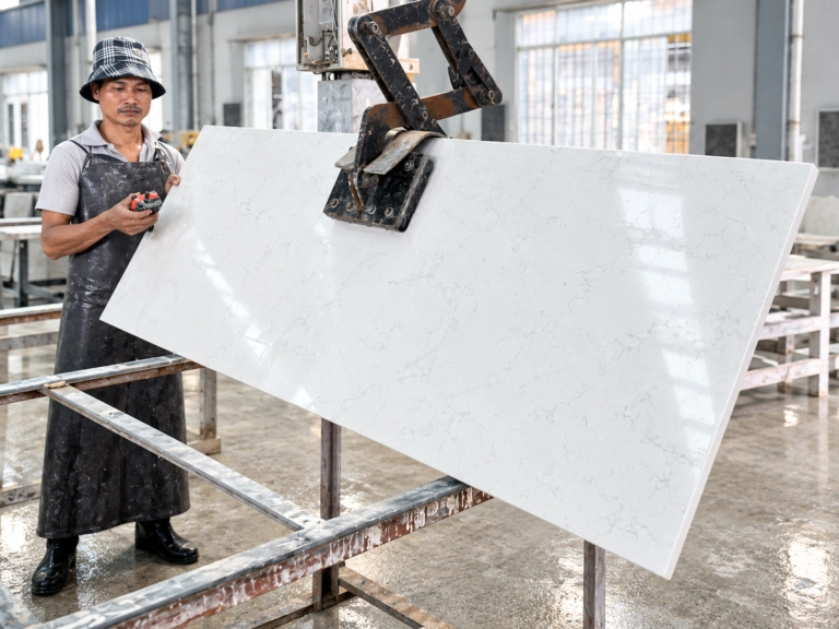 Quartz slab handling and fabrication at BLANKO manufacturing facility in Vietnam