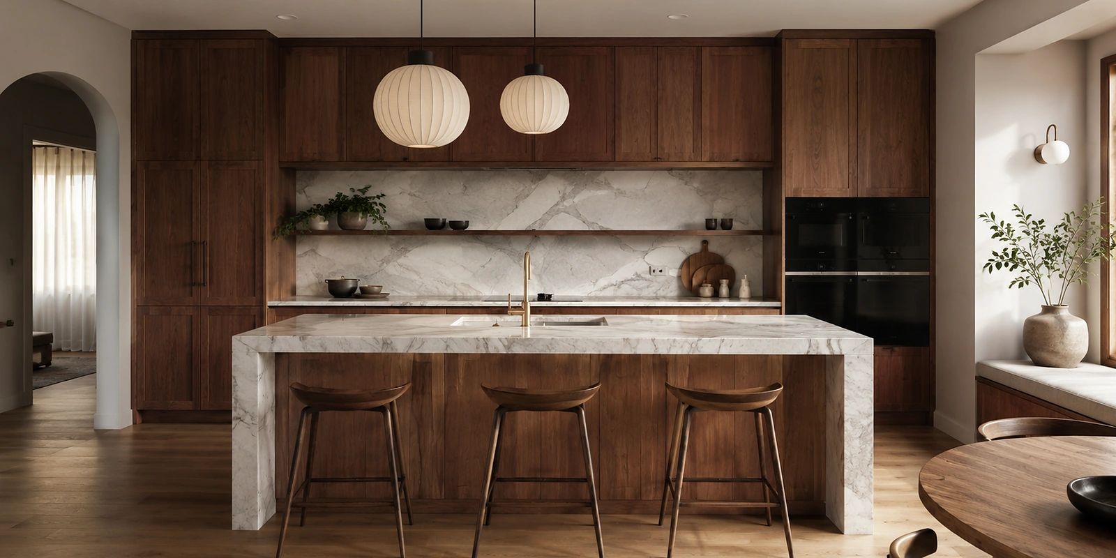 Iceland Grey quartz kitchen island with waterfall edges in a modern wood kitchen