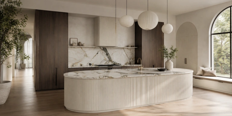 Milano quartz curved kitchen island and backsplash in a luxury modern kitchen