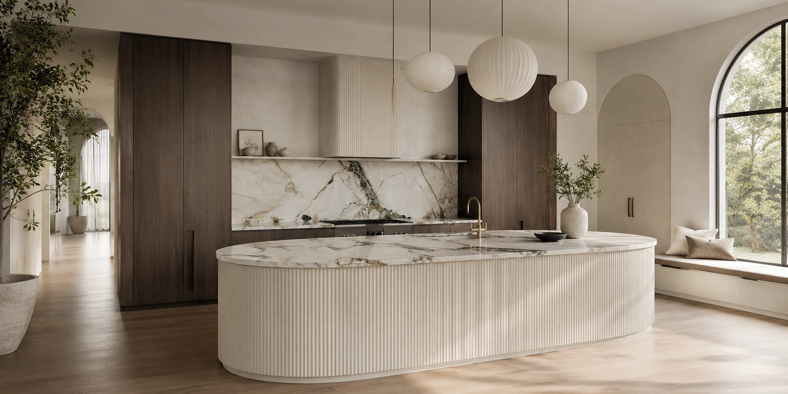 Milano quartz curved kitchen island and backsplash in a luxury modern kitchen