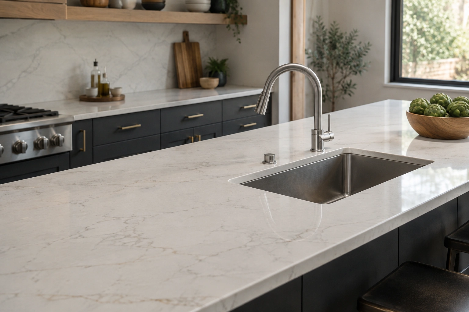 Prefabricated quartz kitchen countertop with undermount sink and custom cutout
