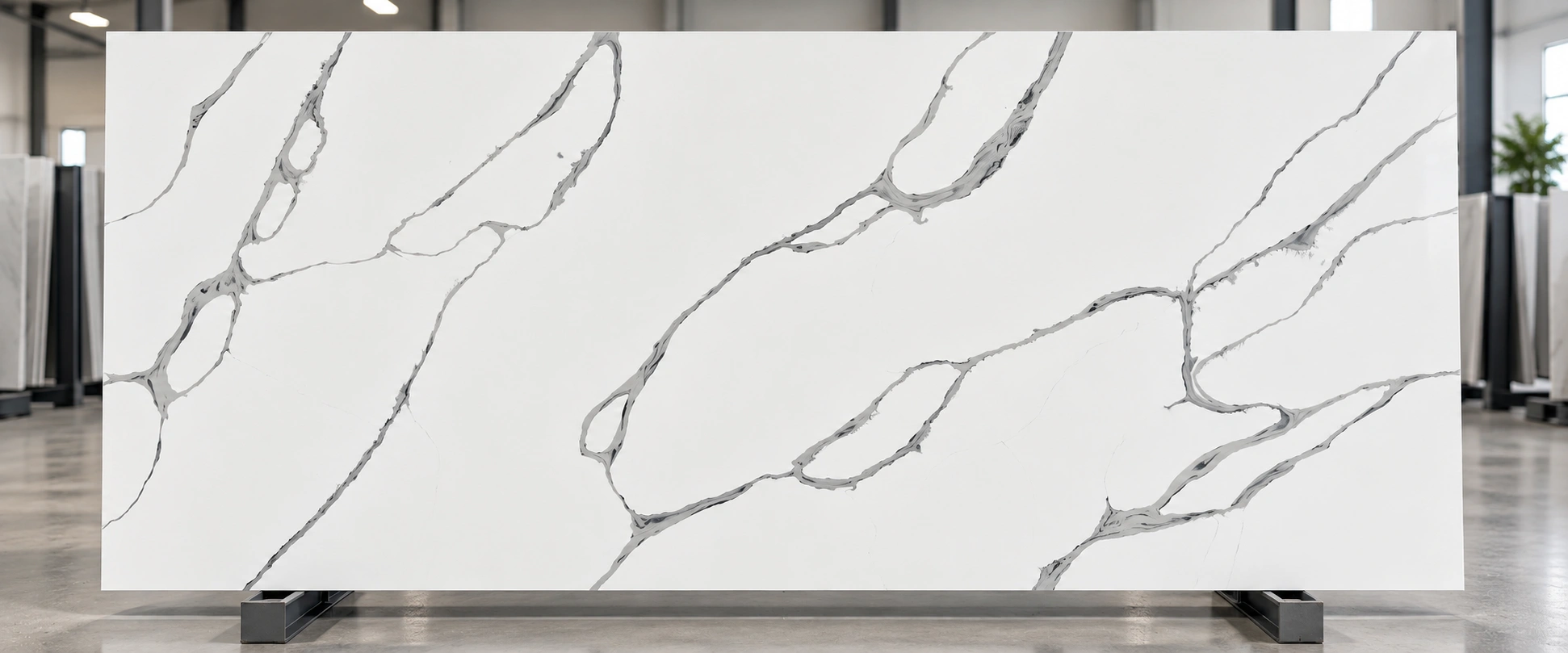 White engineered quartz slab with grey veining displayed for product and project selection
