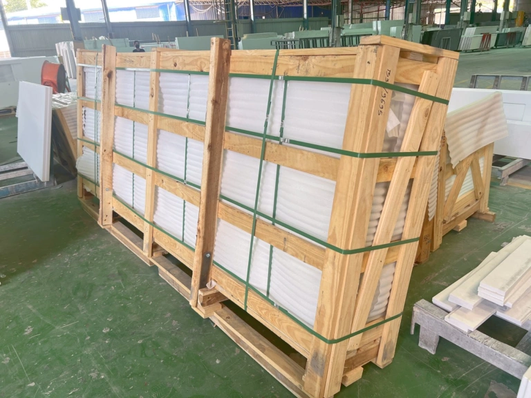 Prefabricated quartz countertops packed for export shipment from Vietnam